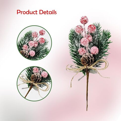 20PCS 8inch Artificial Christmas Floral Picks, Red Fake Berry Picks Stems, Pine Branches with Pinecones Holly Leaves for Vase Floral Arrangement Wreath Winter Holiday Season Decor Crafts in Saudi Arabia