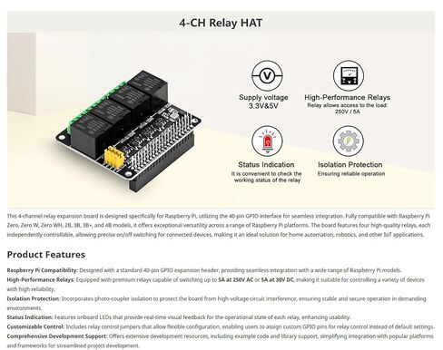 قبعة مرحل 4-CH لـ Raspberry Pi، وحدة لوحة مرحل 4 قنوات لأتمتة المنزل ومشروعات IoT، متوافقة مع Pi 4B/3B+/Zero in Kuwait
