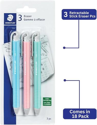 Staedtler Vinyl Eraser Holder, Retractable, Latex Free, Pack of 3, 528 SBK3 in Saudi Arabia