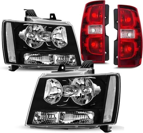 Headlights Tail Lights Combo Assembly for 2007 2008 2009 2010 2011 2012 2013 2014 Chevy Avalanche Suburban Tahoe Replacement OE Style Headlight Rear Brake Lamp, Black Clear in Saudi Arabia