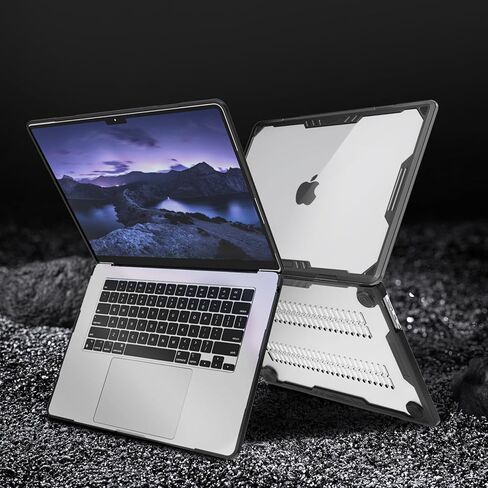MOSISO Compatible with MacBook Air 15 inch Case 2023 2024 A2941 M2, Symmetric Geometric Heavy Duty Plastic Hard Shell with TPU Bumper&Vertical Sleeve Bag&Keyboard Cover&Type C, Transparent&Gray in Saudi Arabia