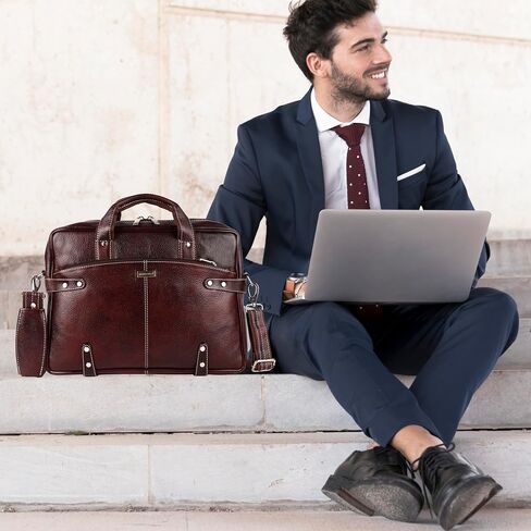 حقيبة كمبيوتر محمول من الجلد البني للرجال - حقيبة مكتب محمولة ومحمولة مع حزام قابل للتعديل in Saudi Arabia