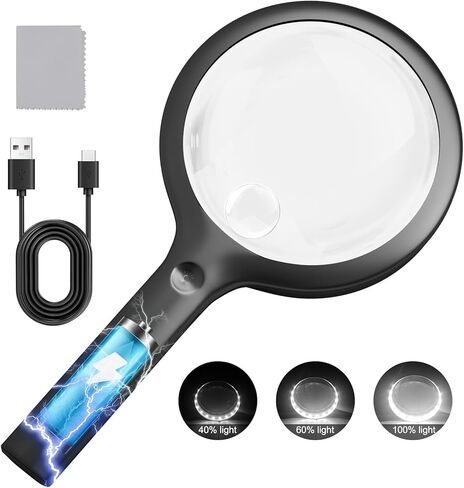 30X Charge Magnifier with Light, NUEYiO 4.33Inch Large Handheld Magnifying Glass with Light, 20 Daylight LEDs & Third Gear Dimming Lighted Magnifying Glass for Seniors Reading Inspection Coin Jewelry in Saudi Arabia