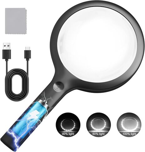 30X Charge Magnifier with Light, NUEYiO 4.33Inch Large Handheld Magnifying Glass with Light, 20 Daylight LEDs & Third Gear Dimming Lighted Magnifying Glass for Seniors Reading Inspection Coin Jewelry in Saudi Arabia