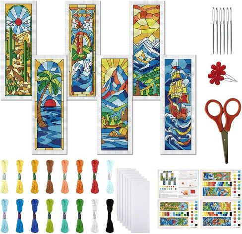FREEBLOSS 6 Set Cross Stitch Bookmark Kit for Adult Beginners Stamped Cross Stitch Kits Vintage Glass Embroidery Bookmarks Craft Kit with Instructions for Gift 11CT 8"x2.4" in Saudi Arabia