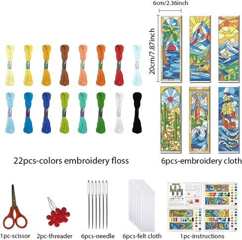 FREEBLOSS 6 Set Cross Stitch Bookmark Kit for Adult Beginners Stamped Cross Stitch Kits Vintage Glass Embroidery Bookmarks Craft Kit with Instructions for Gift 11CT 8"x2.4" in Saudi Arabia