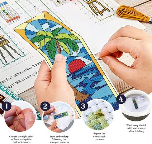 FREEBLOSS 6 Set Cross Stitch Bookmark Kit for Adult Beginners Stamped Cross Stitch Kits Vintage Glass Embroidery Bookmarks Craft Kit with Instructions for Gift 11CT 8"x2.4" in Saudi Arabia
