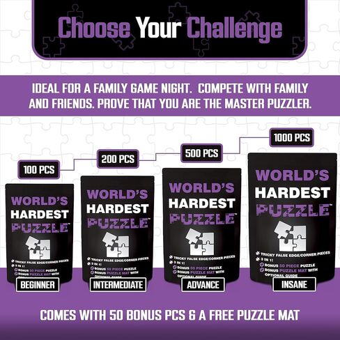 World's Hardest Puzzle ® - Clear Impossible Puzzle for Adults - Funny, Difficult, & Challenging - Hard Acrylic w/False Edges & Corners - Free Mat + Bonus 50pc Jigsaw - Cool Unique Gift - 100 Pieces in Saudi Arabia