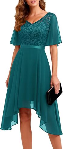 BeryLove Women's Lace Formal Dresses for Teens Elegant V Neck Flutter Sleeve Hem Asymmetrical Vintage Cocktail Prom Dress in Kuwait