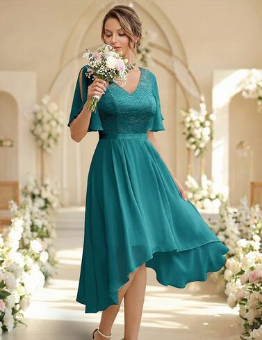 BeryLove Women's Lace Formal Dresses for Teens Elegant V Neck Flutter Sleeve Hem Asymmetrical Vintage Cocktail Prom Dress in Kuwait