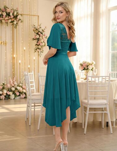 BeryLove Women's Lace Formal Dresses for Teens Elegant V Neck Flutter Sleeve Hem Asymmetrical Vintage Cocktail Prom Dress in Kuwait