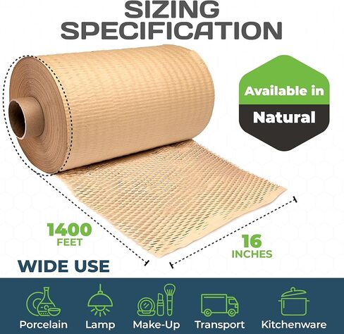 ورق تغليف على شكل قرص العسل من HexcelPack HexcelWrap - غلاف فقاعات ورقي صديق للبيئة ومستدام للشحن والنقل، مادة تعبئة مبطنة. لا حاجة إلى شريط لاصق - طبيعي، 16 بوصة × 1400 بوصة in Kuwait