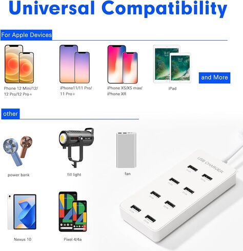 شاحن حائط USB 60 واط، محطة شحن USB لأجهزة متعددة، محور شحن ذكي لأجهزة متعددة، 10 منافذ لشاحن سطح المكتب، محطة شحن آمنة مدمجة لهاتف iPhone iPad in Saudi Arabia
