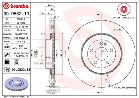 Brembo 09.D532.13 Co-cast two piece UV Coated Pillar Vented Brake Rotor MERCEDES-BENZ/MERCEDES-BENZ (BBDC) OE# A0004231712 in Saudi Arabia