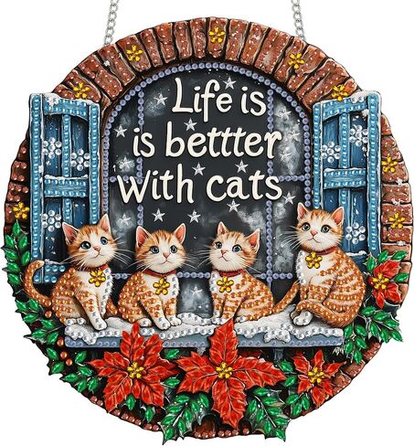 Reofrey Hanging Diamond Art Kits for Adults - 8x8 Inch Christmas Cat Acrylic Board Double Sided Pattern Diamond Art Suncatcher Pendant, DIY Crystal Art for Home Wall or Window Decoration Handmade Gift in Saudi Arabia