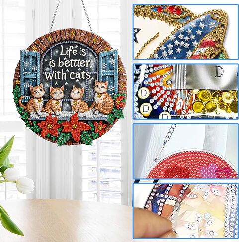 Reofrey Hanging Diamond Art Kits for Adults - 8x8 Inch Christmas Cat Acrylic Board Double Sided Pattern Diamond Art Suncatcher Pendant, DIY Crystal Art for Home Wall or Window Decoration Handmade Gift in Saudi Arabia