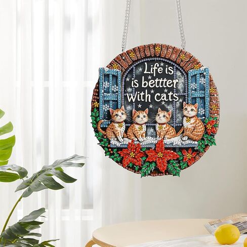 Reofrey Hanging Diamond Art Kits for Adults - 8x8 Inch Christmas Cat Acrylic Board Double Sided Pattern Diamond Art Suncatcher Pendant, DIY Crystal Art for Home Wall or Window Decoration Handmade Gift in Saudi Arabia
