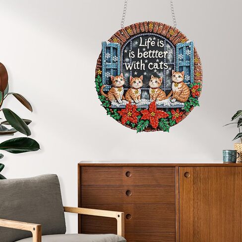 Reofrey Hanging Diamond Art Kits for Adults - 8x8 Inch Christmas Cat Acrylic Board Double Sided Pattern Diamond Art Suncatcher Pendant, DIY Crystal Art for Home Wall or Window Decoration Handmade Gift in Saudi Arabia