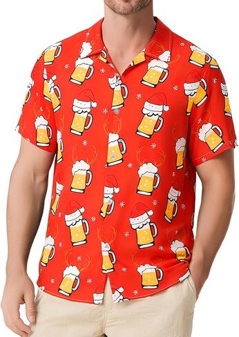 JASGOOD Hawaiian Christmas Shirt for Men Short Sleeve Button Down Santa Vacation Shirts Beach Camp Shirt and Christmas Hat in Kuwait