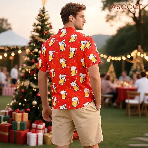 JASGOOD Hawaiian Christmas Shirt for Men Short Sleeve Button Down Santa Vacation Shirts Beach Camp Shirt and Christmas Hat in Kuwait