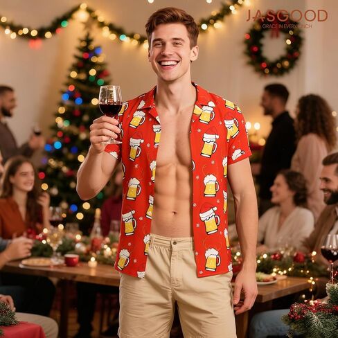 JASGOOD Hawaiian Christmas Shirt for Men Short Sleeve Button Down Santa Vacation Shirts Beach Camp Shirt and Christmas Hat in Kuwait