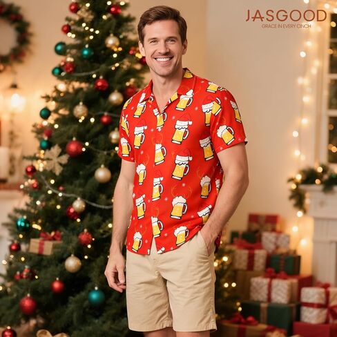 JASGOOD Hawaiian Christmas Shirt for Men Short Sleeve Button Down Santa Vacation Shirts Beach Camp Shirt and Christmas Hat in Kuwait