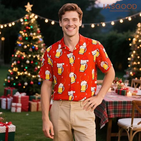 JASGOOD Hawaiian Christmas Shirt for Men Short Sleeve Button Down Santa Vacation Shirts Beach Camp Shirt and Christmas Hat in Kuwait