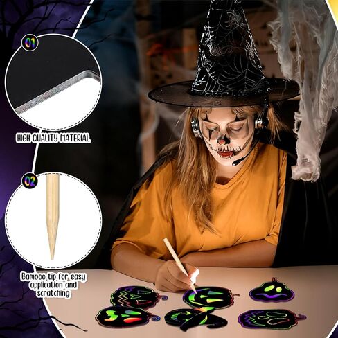 Qilery 120 Pcs Halloween Craft Scratch Pumpkins Rainbow Black Scratch Paper Off Cards Fun for Halloween Party DIY Ornaments Birthday Game with Tool(Pumpkins) in Saudi Arabia