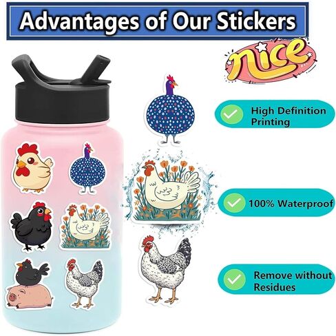 Generic 50Pcs Cartoon Chicken Stickers, Hen Rooster Waterproof Vinyl Decals for Kids Water Bottles Bicycle Laptop Refrigerator Luggage Computer Mobile Phone Skateboard Bike Décor in Saudi Arabia