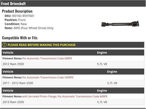 عمود الإدارة الأمامي - متوافق مع 2011-2013 Ram 2500 5.7L V8 4WD in Saudi Arabia
