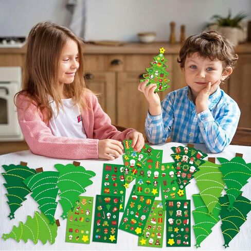 72pcs Christmas Tree DIY Craft Kit - Create Your Own Holiday Cards with Stickers, Includes 24 Cards and 24 Sticker Sheets and 24 Golden Ribbons, Perfect for Xmas Parties and Family School Activities in Saudi Arabia