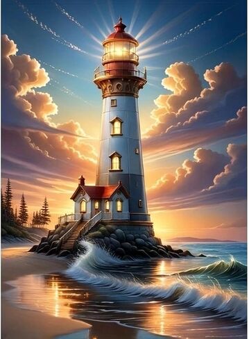 مجموعة طلاء ألماس منارة غروب الشمس من Diosedyer 5D DIY مجموعة طلاء ماسية دائرية كاملة مثالية لديكور عيد الميلاد والهالوين، مثالية لغرفة النوم، وفن جدار غرفة المعيشة 11.8 × 15.7 بوصة in Kuwait