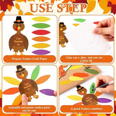 36 Sets 252 Pcs Thanksgiving Turkey Craft Kit Thanksgiving Crafts Turkey Paper Card Thankful Cards Decor with Glue Point Dots for Holiday Party Decoration Family DIY Activities in Saudi Arabia