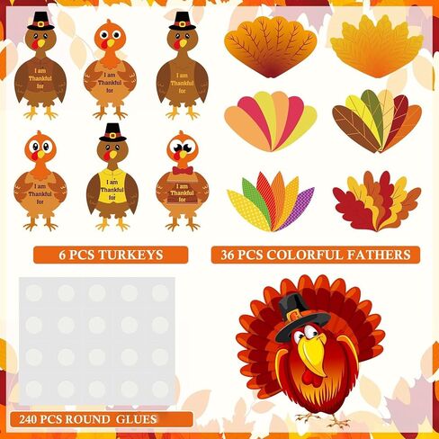 36 Sets 252 Pcs Thanksgiving Turkey Craft Kit Thanksgiving Crafts Turkey Paper Card Thankful Cards Decor with Glue Point Dots for Holiday Party Decoration Family DIY Activities in Saudi Arabia