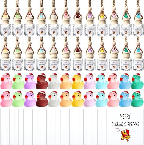 24 مجموعة من زجاجات معطر هواء السيارة المعلقة لعيد الميلاد، هدايا تقدير الموظفين بالجملة، زجاجة عطر زجاجية فارغة مع بط راتنج وبط مرح، علامات عيد الميلاد للزيوت العطرية in Kuwait