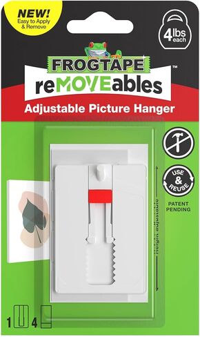 FrogTape reMOVEables Adjustable Picture Hanger, Damage Free Picture Hanging Kit Without Nails for Frames, Christmas Decor, Mirrors, Holds up to 4 lbs, Includes 1 White Hanger & 4 Adhesive Strips in Saudi Arabia