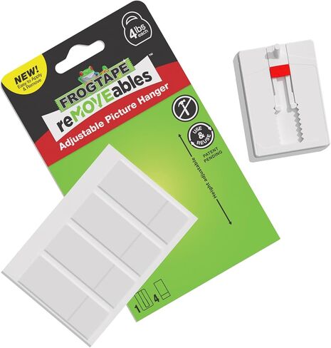 FrogTape reMOVEables Adjustable Picture Hanger, Damage Free Picture Hanging Kit Without Nails for Frames, Christmas Decor, Mirrors, Holds up to 4 lbs, Includes 1 White Hanger & 4 Adhesive Strips in Saudi Arabia