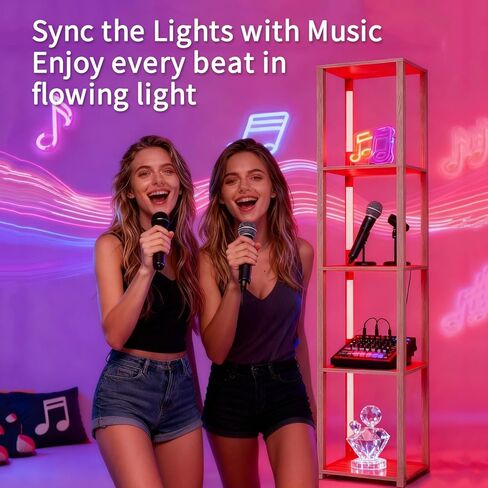 Floor Lamp with Shelves, Modern Shelf Lamp with Remote/APP Control, Standing Lamp for Living Room and Bedroom, 5-Tier Display Shelf with Dimmable Lights, Tall Lamp, Bookshelf, White/Natural in Kuwait