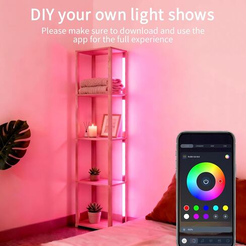 Floor Lamp with Shelves, Modern Shelf Lamp with Remote/APP Control, Standing Lamp for Living Room and Bedroom, 5-Tier Display Shelf with Dimmable Lights, Tall Lamp, Bookshelf, White/Natural in Kuwait