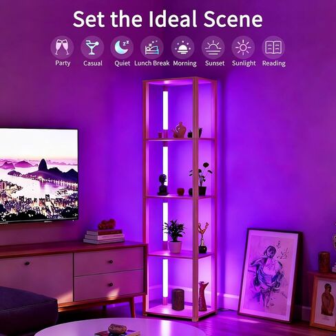 Floor Lamp with Shelves, Modern Shelf Lamp with Remote/APP Control, Standing Lamp for Living Room and Bedroom, 5-Tier Display Shelf with Dimmable Lights, Tall Lamp, Bookshelf, White/Natural in Kuwait