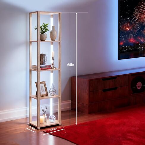 Floor Lamp with Shelves, Modern Shelf Lamp with Remote/APP Control, Standing Lamp for Living Room and Bedroom, 5-Tier Display Shelf with Dimmable Lights, Tall Lamp, Bookshelf, White/Natural in Kuwait