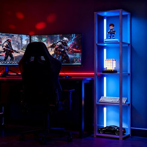 Floor Lamp with Shelves, Modern Shelf Lamp with Remote/APP Control, Standing Lamp for Living Room and Bedroom, 5-Tier Display Shelf with Dimmable Lights, Tall Lamp, Bookshelf, White/Natural in Kuwait