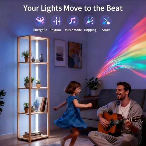 Floor Lamp with Shelves, Modern Shelf Lamp with Remote/APP Control, Standing Lamp for Living Room and Bedroom, 5-Tier Display Shelf with Dimmable Lights, Tall Lamp, Bookshelf, White/Natural in Kuwait