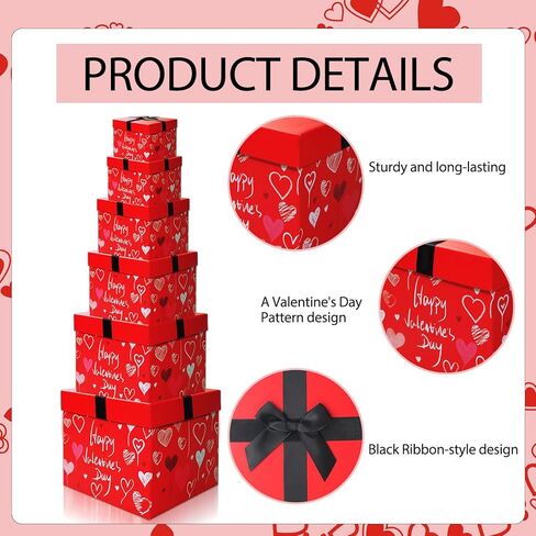 6 Pcs Nesting Gift Boxes with Lids Square Gift Boxes 6 Sizes Classic Red Stacking Boxes Multipurpose Cardboard Gift Boxes for Birthday Wedding Christmas Party Favor Supplies in Saudi Arabia