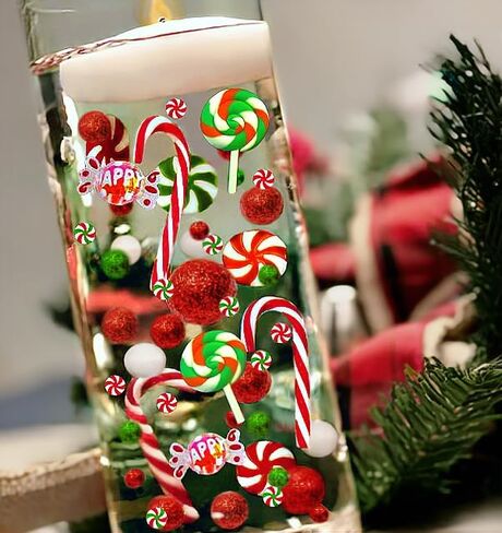 50 Floating Christmas Red and Green Candy Canes Peppermints Lollipops Pearls Vase Decorations-Large Sizes-Fills 4 Medium Size Vases (Not Included)-with Measured Floating Gels Kit in Saudi Arabia