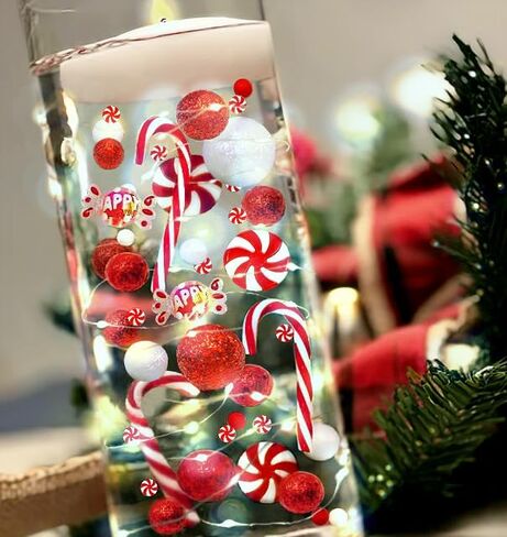 50 Floating Christmas Red and Green Candy Canes Peppermints Lollipops Pearls Vase Decorations-Large Sizes-Fills 4 Medium Size Vases (Not Included)-with Measured Floating Gels Kit in Saudi Arabia
