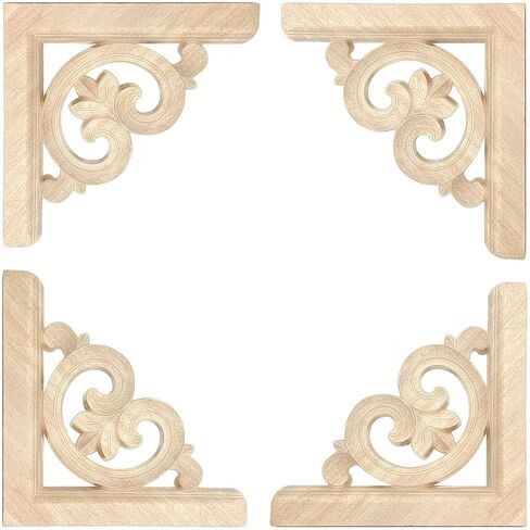 4 Pcs Decorative Wood Flower Carved Appliques 5.9 x 5.9inch Corner Onlay DIY Unpainted Solid Wooden Carved Corner Decal for Furniture Wardrobe Mirror Closet Decoration (Type2-5.9inch-4pcs) in Saudi Arabia