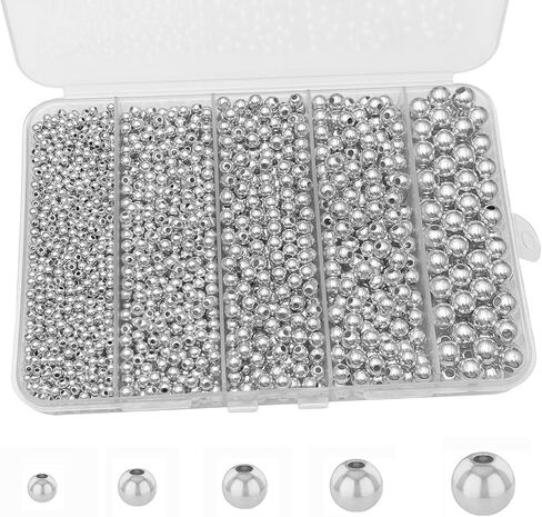 2725pcs Round Spacer Beads Set for Bracelets, ABS Plastic Pearl/Sliver/Gold Bead 3/4/5/6/8mm 5 Size Smooth Ball Beads for Jewelry Making Metal Circle Bead for Bracelet Necklace Earring Making (Pearl) in Saudi Arabia