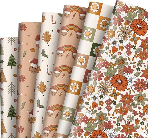 12 Sheet Boho Christmas Wrapping Paper Vintage Flower Rainbow Xmas Tree Gift Wrap Paper Bulk Retro Art Paper for Birthday Baby Shower, Folded Flat, 19.7 x 27.6 Inch in Saudi Arabia