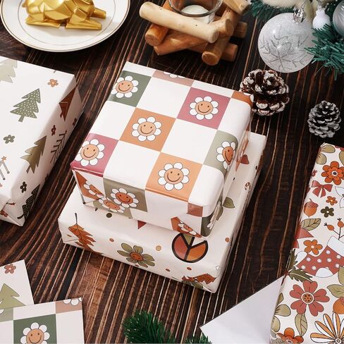 12 Sheet Boho Christmas Wrapping Paper Vintage Flower Rainbow Xmas Tree Gift Wrap Paper Bulk Retro Art Paper for Birthday Baby Shower, Folded Flat, 19.7 x 27.6 Inch in Saudi Arabia
